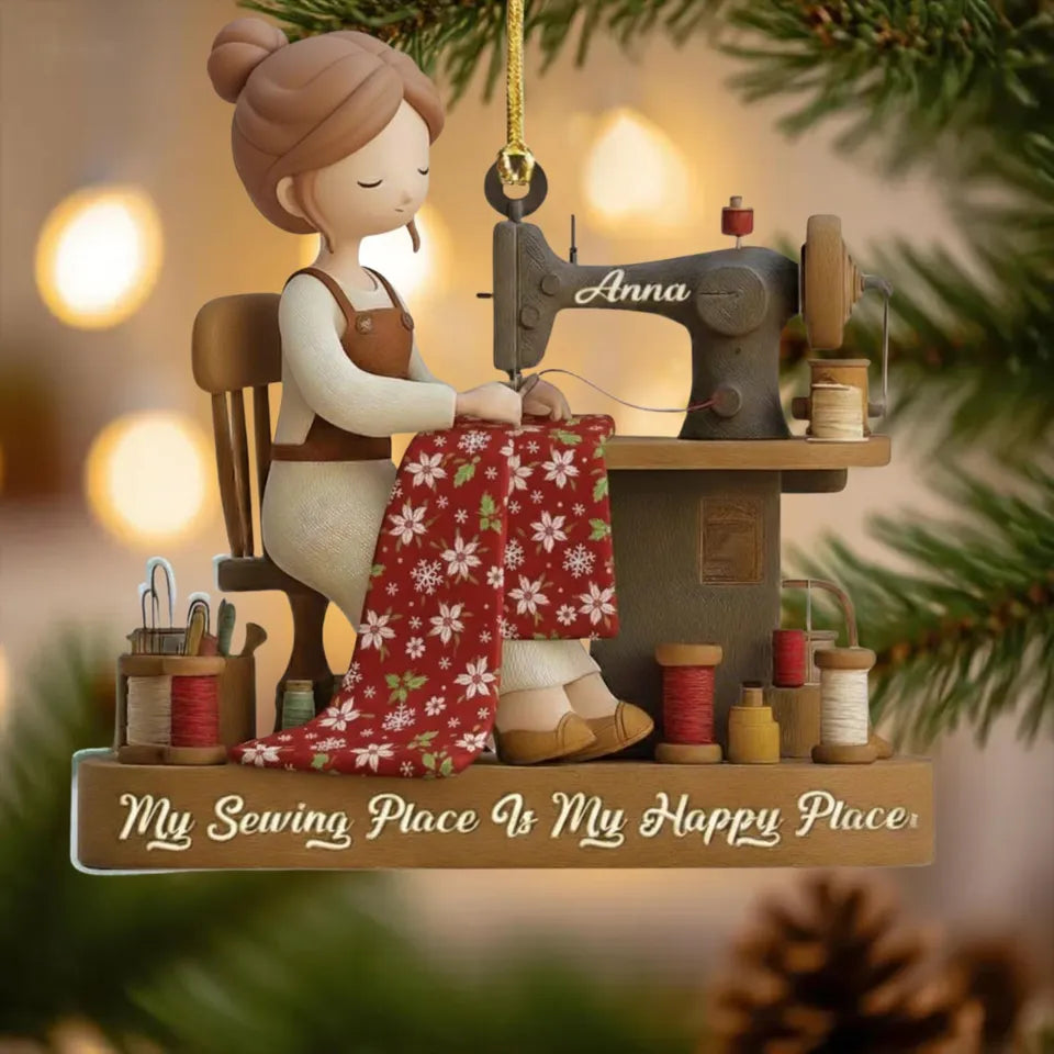 Personalized Sewing Girl Christmas Ornament, My Sewing Space Is My Happy Place Acrylic Keepsake, Gift for Quilter Seamstress Sewing Lover