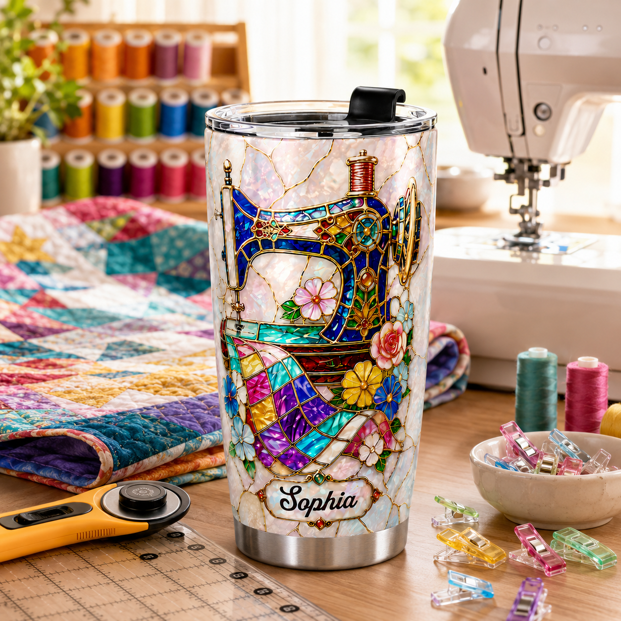 Elegant Floral Sewing Machine Personalized 3D Stainless Steel Tumbler with Name, Custom Gift for Mom, Grandma & Sewing Lovers