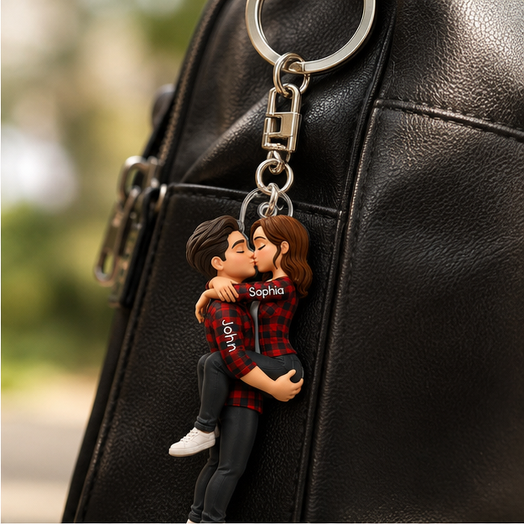 Personalized Kissing 3D Effect Couple Acrylic Keychain, Custom Couple Hug Keychain with Names, Romantic Anniversary Gift for Him & Her