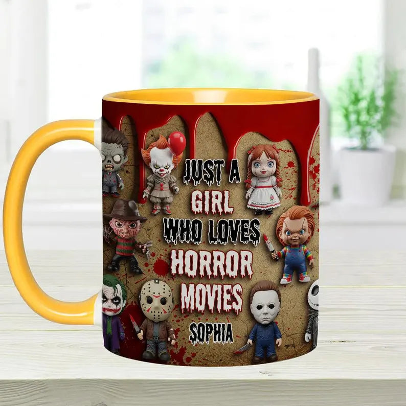 Personalized Horror Movie 3D Effect Accent Mug, Just A Girl Who Loves Horror Movies Ceramic Coffee Cup, Halloween Gift for Horror Fan Women