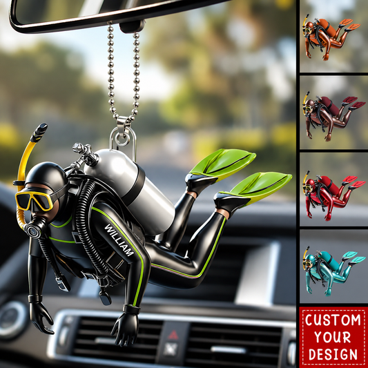 Personalized Scuba Diver Car 3D Effect Ornament, Custom Acrylic Diving Car Hanging Ornament with Name, Scuba Diving Gift for Divers