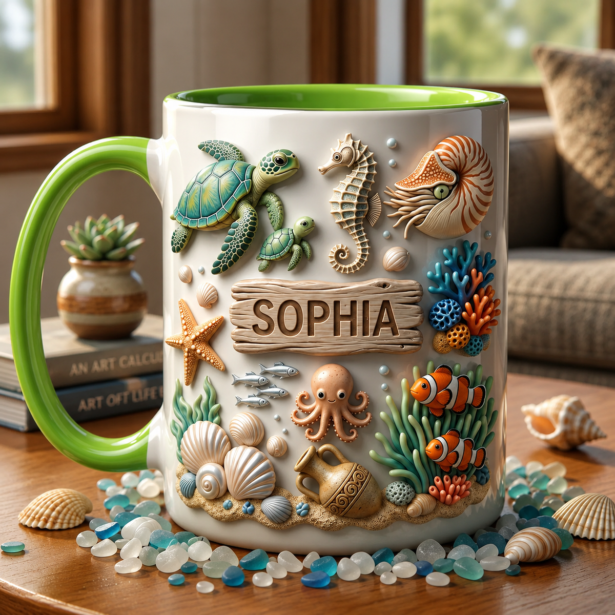 Personalized Sea Life 3D Coffee Mug, Custom Ocean Name Mug, Beach Theme Ceramic Accent Mug, Coastal Gift for Ocean Lovers, Sea Turtle Mug