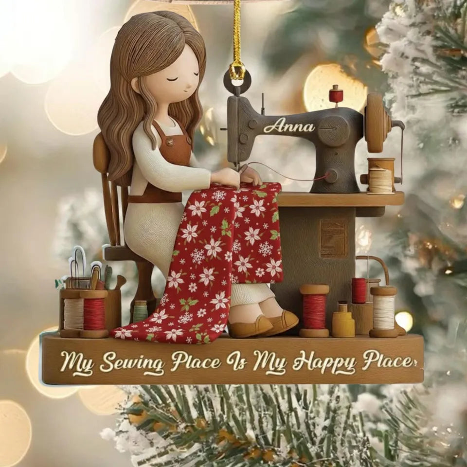 Personalized Sewing Girl Christmas Ornament, My Sewing Space Is My Happy Place Acrylic Keepsake, Gift for Quilter Seamstress Sewing Lover