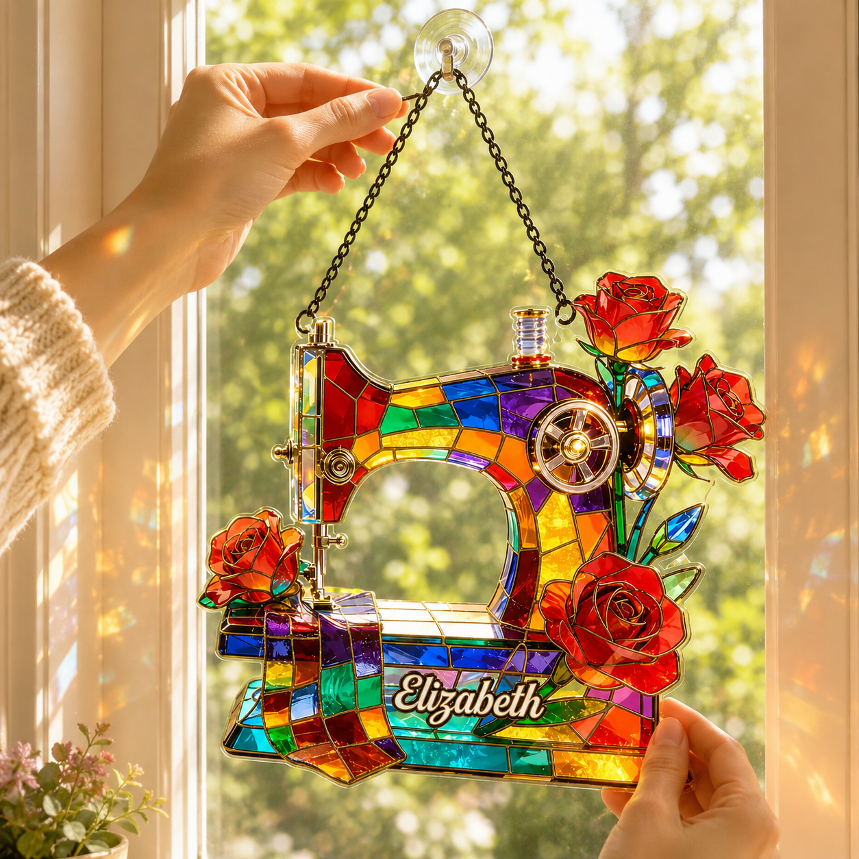 Personalized Sewing Machine Acrylic 3D Effect Suncatcher with Custom Name, Stained Glass Style Window Hanging Gift for Sewers & Quilters