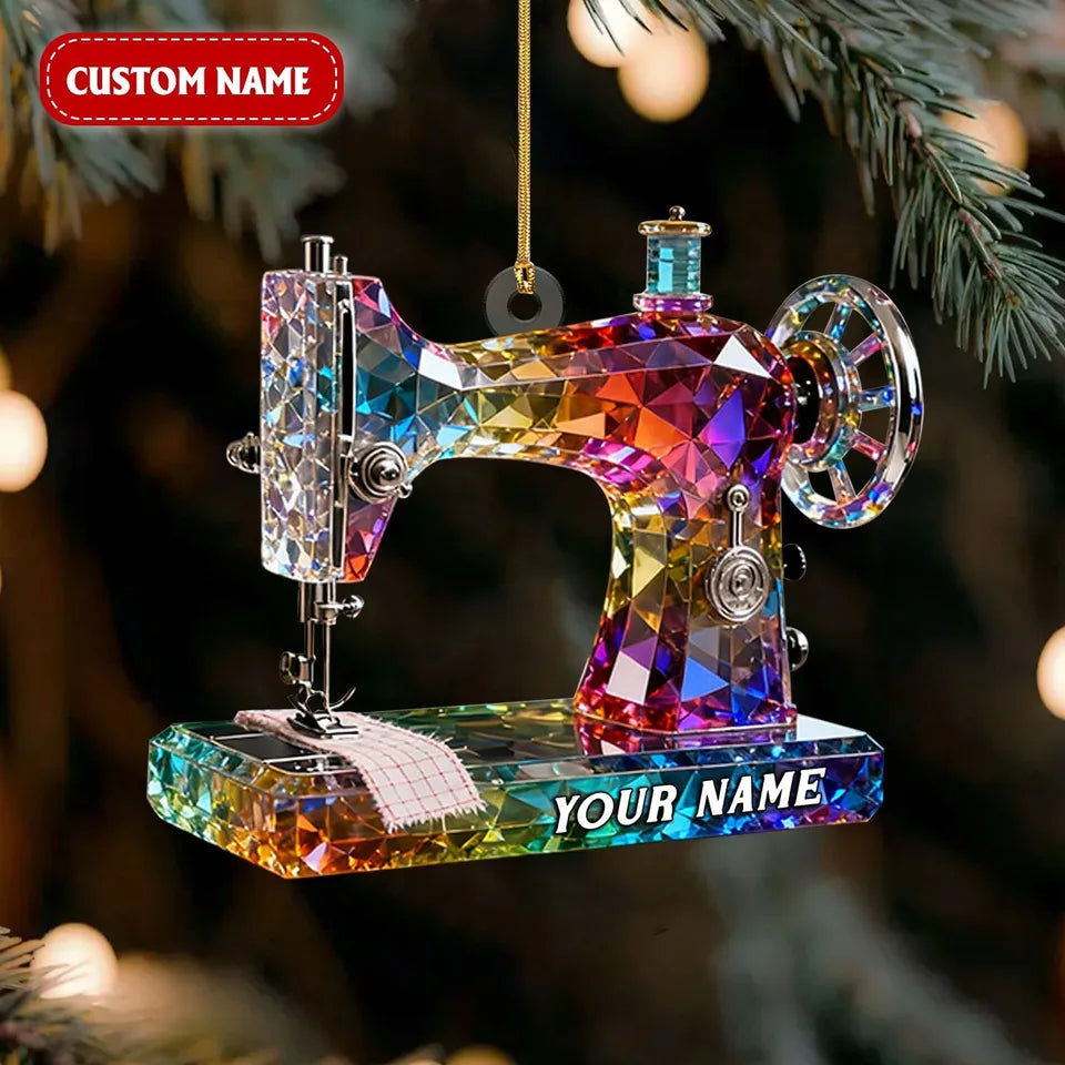 Personalized Sewing Machine Ornament with Name, Stained Glass Effect Acrylic Christmas Keepsake, Gift for Quilter Seamstress Tailor