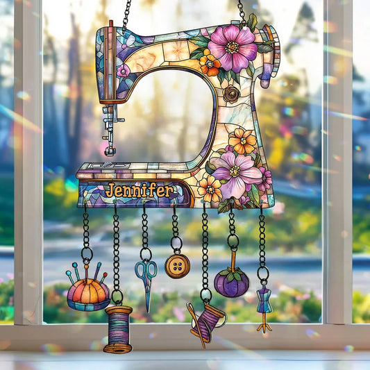 Personalized Sewing Machine Suncatcher with Name, Custom Quilter Window Hanging Ornament, Gift for Seamstress Sewing Lover