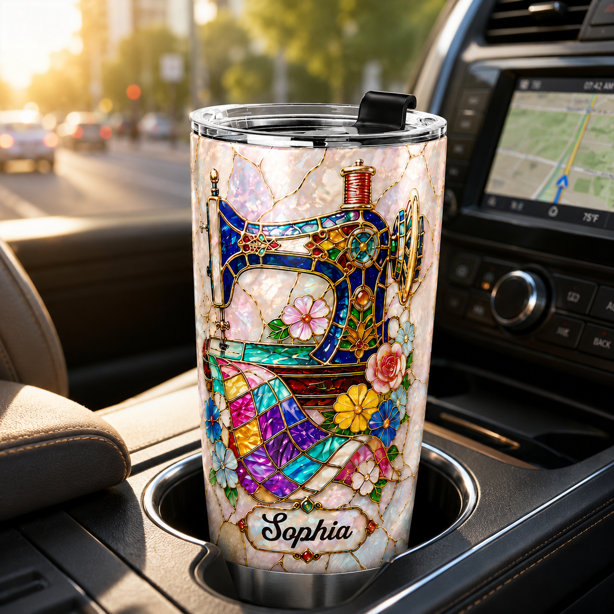 Elegant Floral Sewing Machine Personalized 3D Stainless Steel Tumbler with Name, Custom Gift for Mom, Grandma & Sewing Lovers