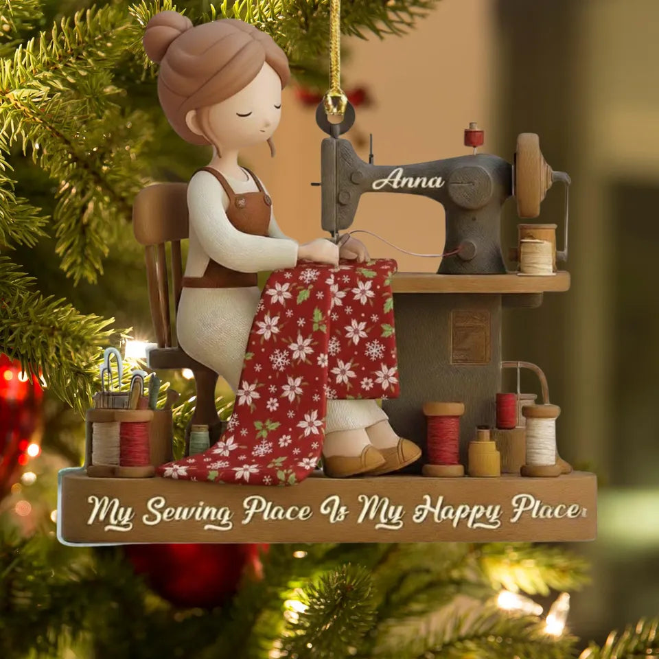 Personalized Sewing Girl Christmas Ornament, My Sewing Space Is My Happy Place Acrylic Keepsake, Gift for Quilter Seamstress Sewing Lover