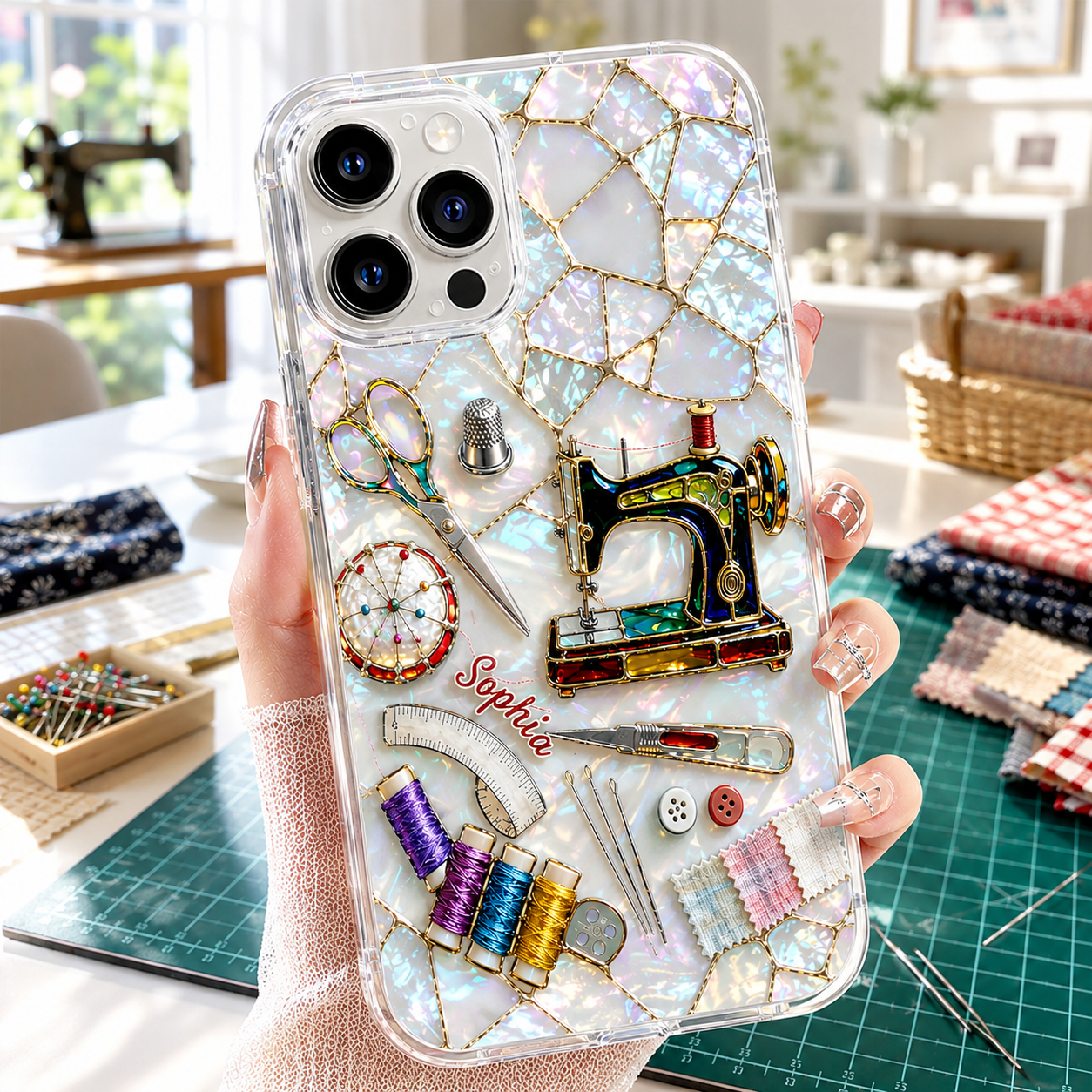 Personalized Sewing Lover Clear Phone Case 3D Effect – Custom Name Gift for Quilters & Crafter