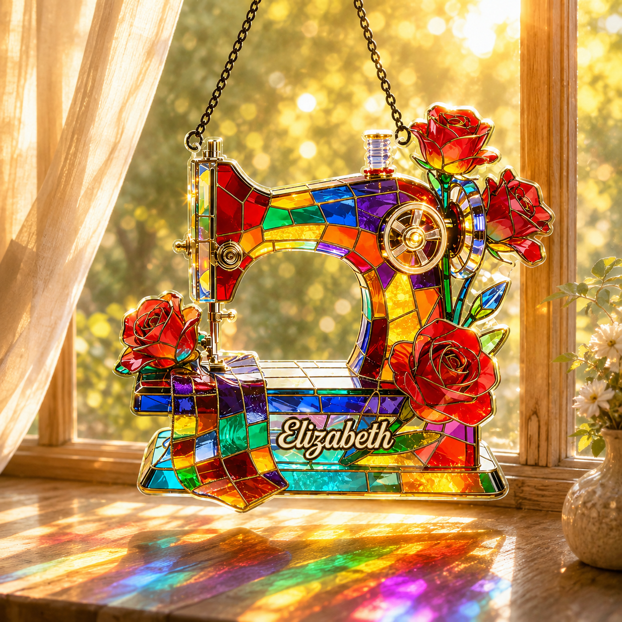 Personalized Sewing Machine Acrylic 3D Effect Suncatcher with Custom Name, Stained Glass Style Window Hanging Gift for Sewers & Quilters