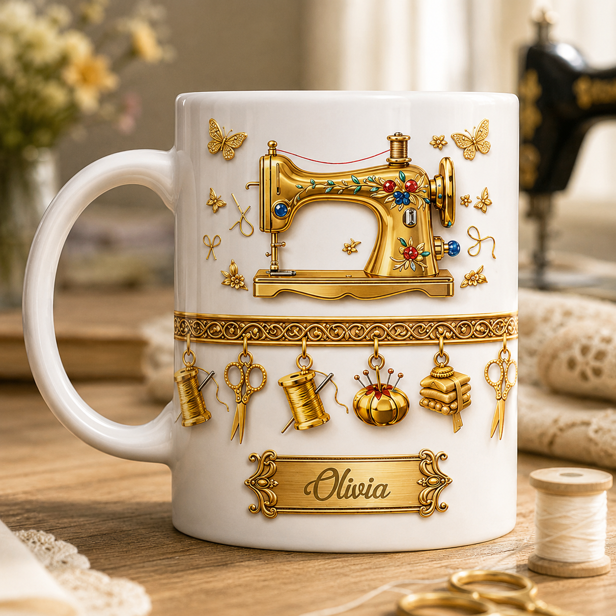 Personalisierte Nähmaschinen-Tasse – Geschenk für sie mit 3D-Effekt