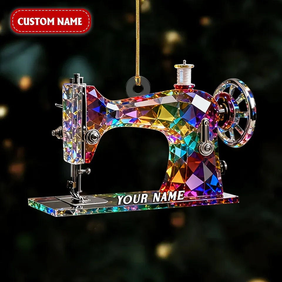 Personalized Sewing Machine Ornament with Name, Stained Glass Effect Acrylic Christmas Keepsake, Gift for Quilter Seamstress Tailor