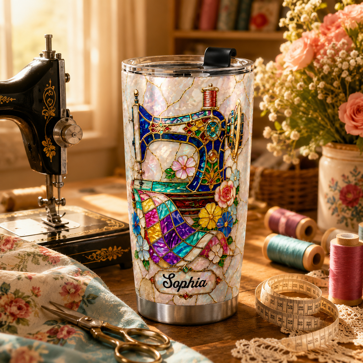 Elegant Floral Sewing Machine Personalized 3D Stainless Steel Tumbler with Name, Custom Gift for Mom, Grandma & Sewing Lovers