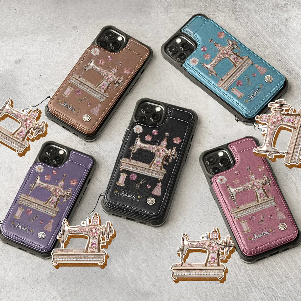 Personalized Sewing Machine Wallet Phone Case, Custom Quilter Seamstress PU Leather Case for iPhone Samsung, Gift for Sewing Lover