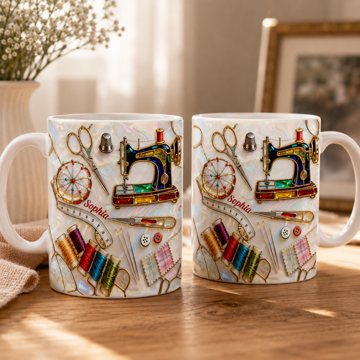Liebe Näh-Buntglas-Tasse – Personalisiertes Geschenk für Nähliebhaber