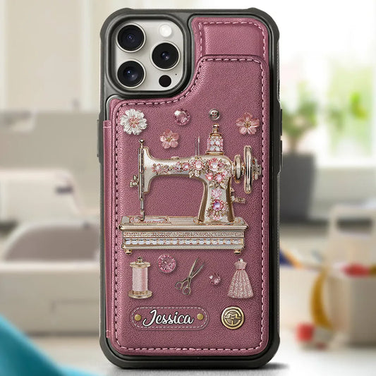 Personalized Sewing Machine Wallet Phone Case, Custom Quilter Seamstress PU Leather Case for iPhone Samsung, Gift for Sewing Lover