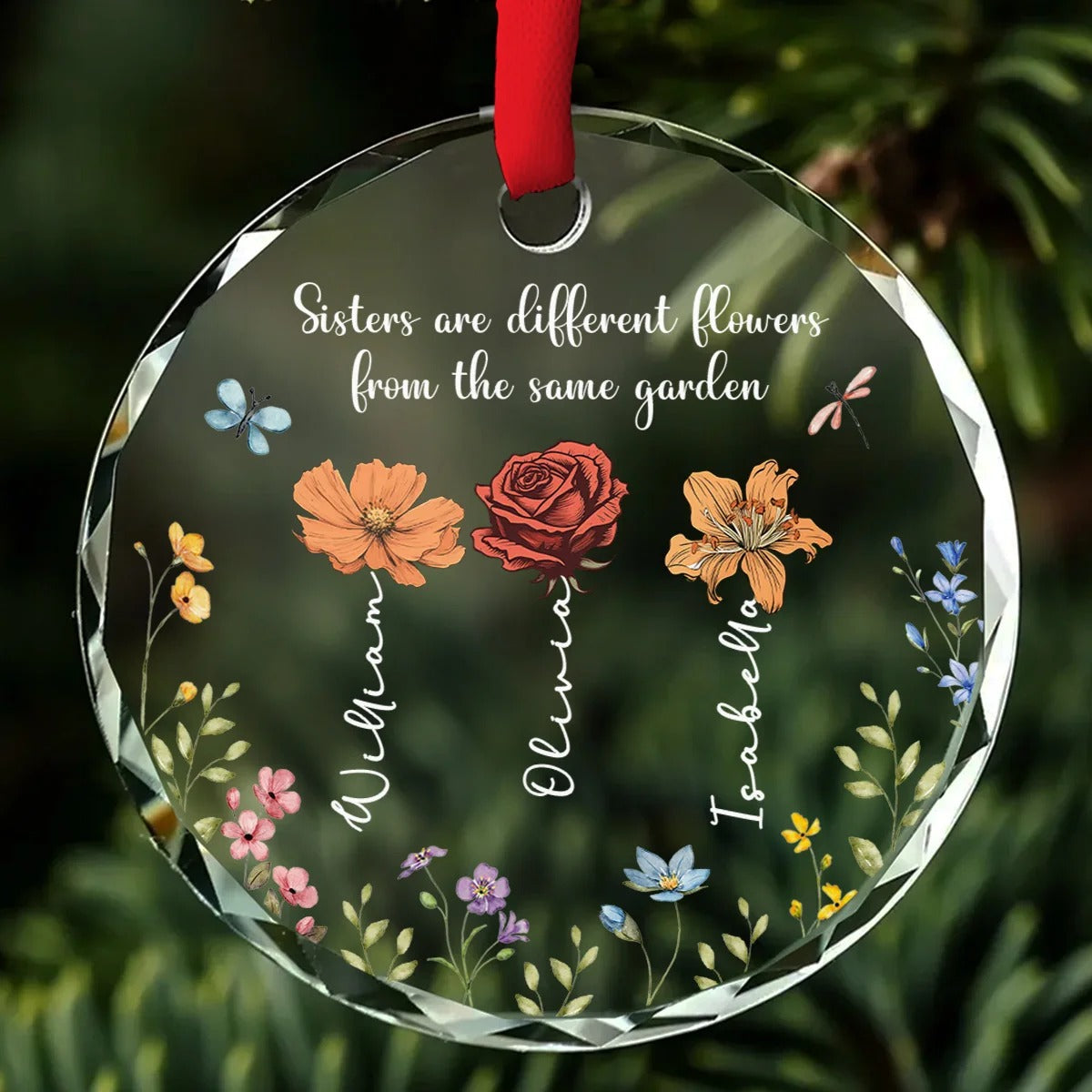 Personalized Sister Glass Christmas Ornament, Sisters Are Different Flowers From The Same Garden Keepsake, Gift for Sister Sibling Best Friend