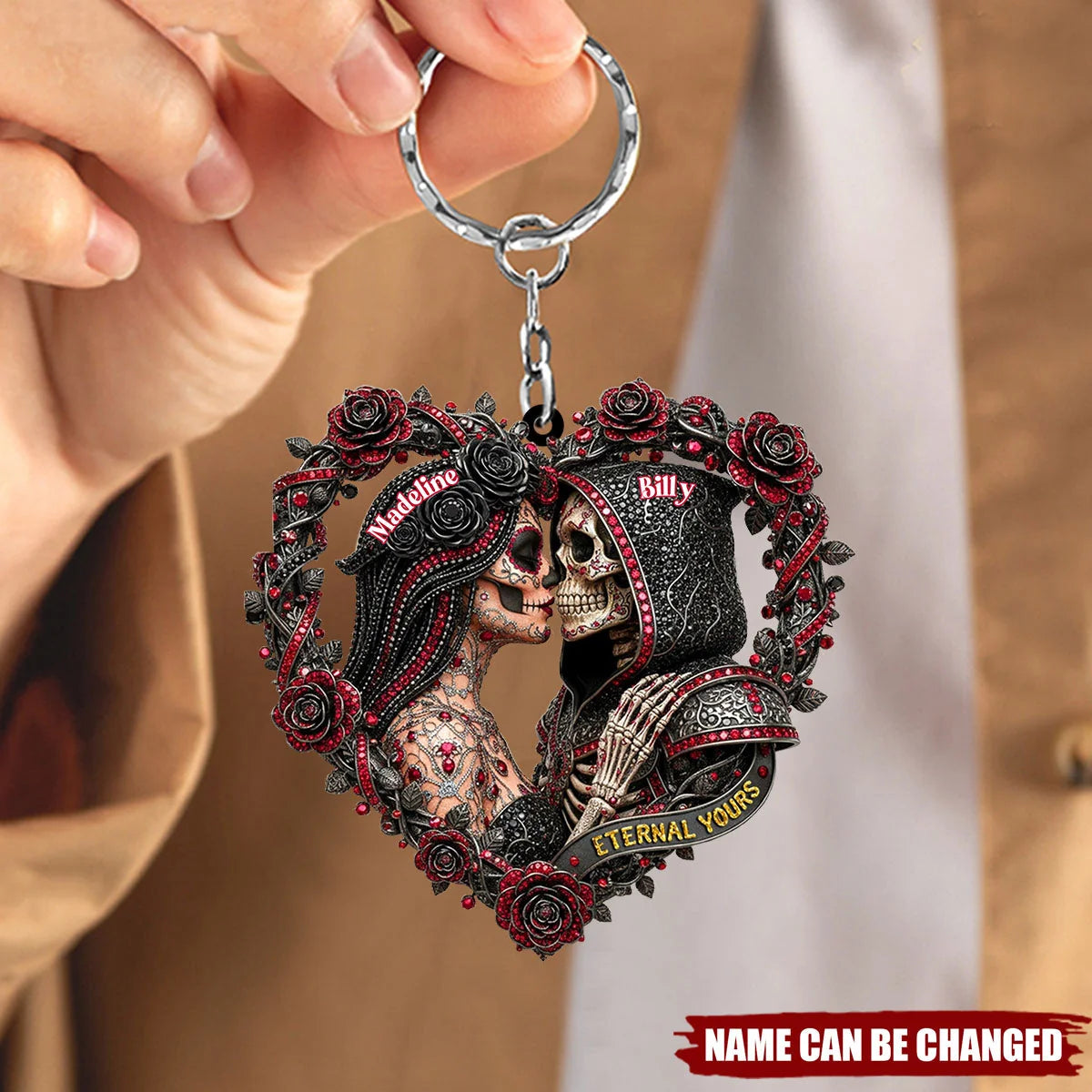 Personalized Skull Couple 3D Effect Keychain, Custom Gothic Couple Key Ring, Romantic Gift for Husband Wife Boyfriend Girlfriend