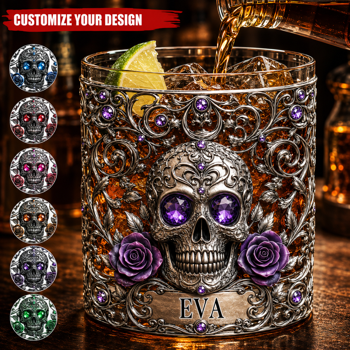 Personalized Skull Whiskey Glass 3D, Custom Crystal Whiskey Glass with Name, Gothic Skull & Roses Rocks Glass, Halloween Gift for Whiskey Lovers