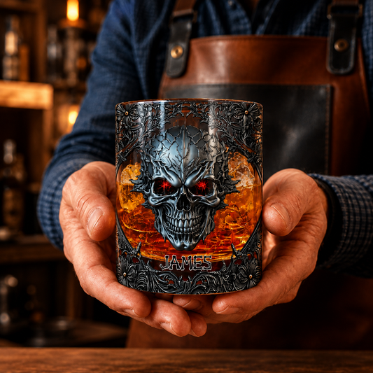 Personalized Skull 3D Effect Whiskey Glass, Custom Name Gothic Drinking Glass, Cool Skull Bourbon Glass Gift for Men