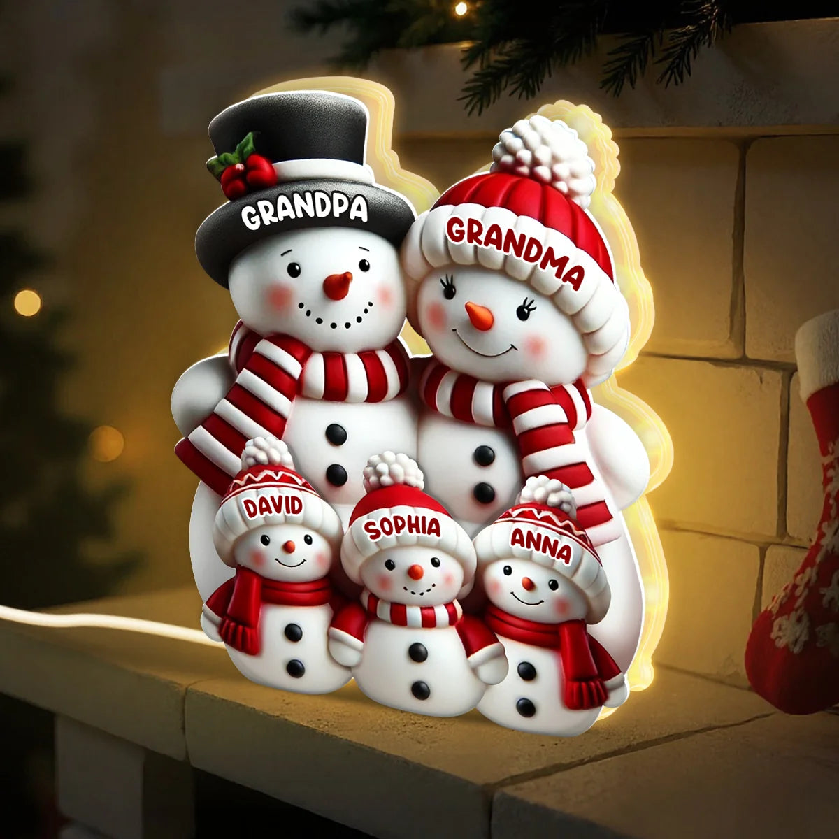 Personalized Snowman Family Light Box with Names, 2D Flat Printed 3D Effect Christmas Decor, Gift for Grandma Grandpa Parents Family