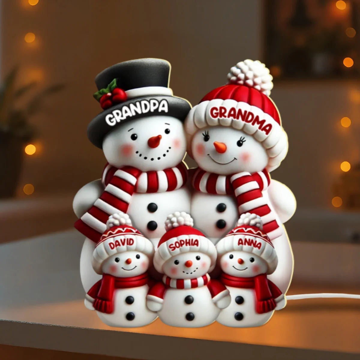 Personalized Snowman Family Light Box with Names, 2D Flat Printed 3D Effect Christmas Decor, Gift for Grandma Grandpa Parents Family