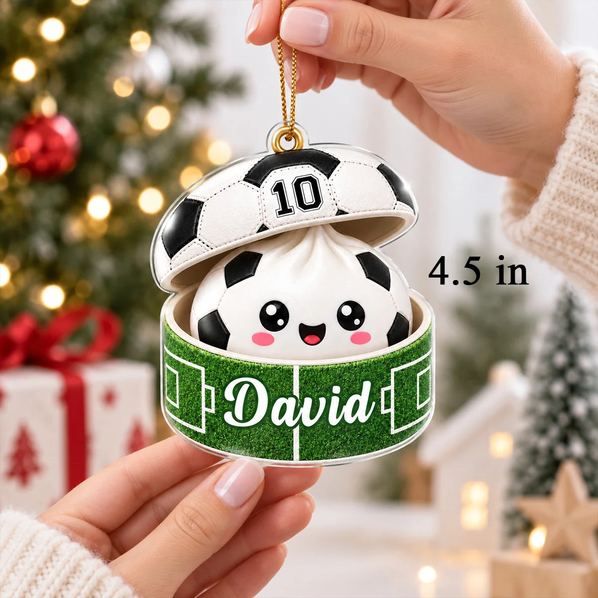 Personalized Soccer Dumpling Christmas Ornament with Name & Player Number, Custom Squishy Style Acrylic Keepsake, Gift for Soccer Player Kids