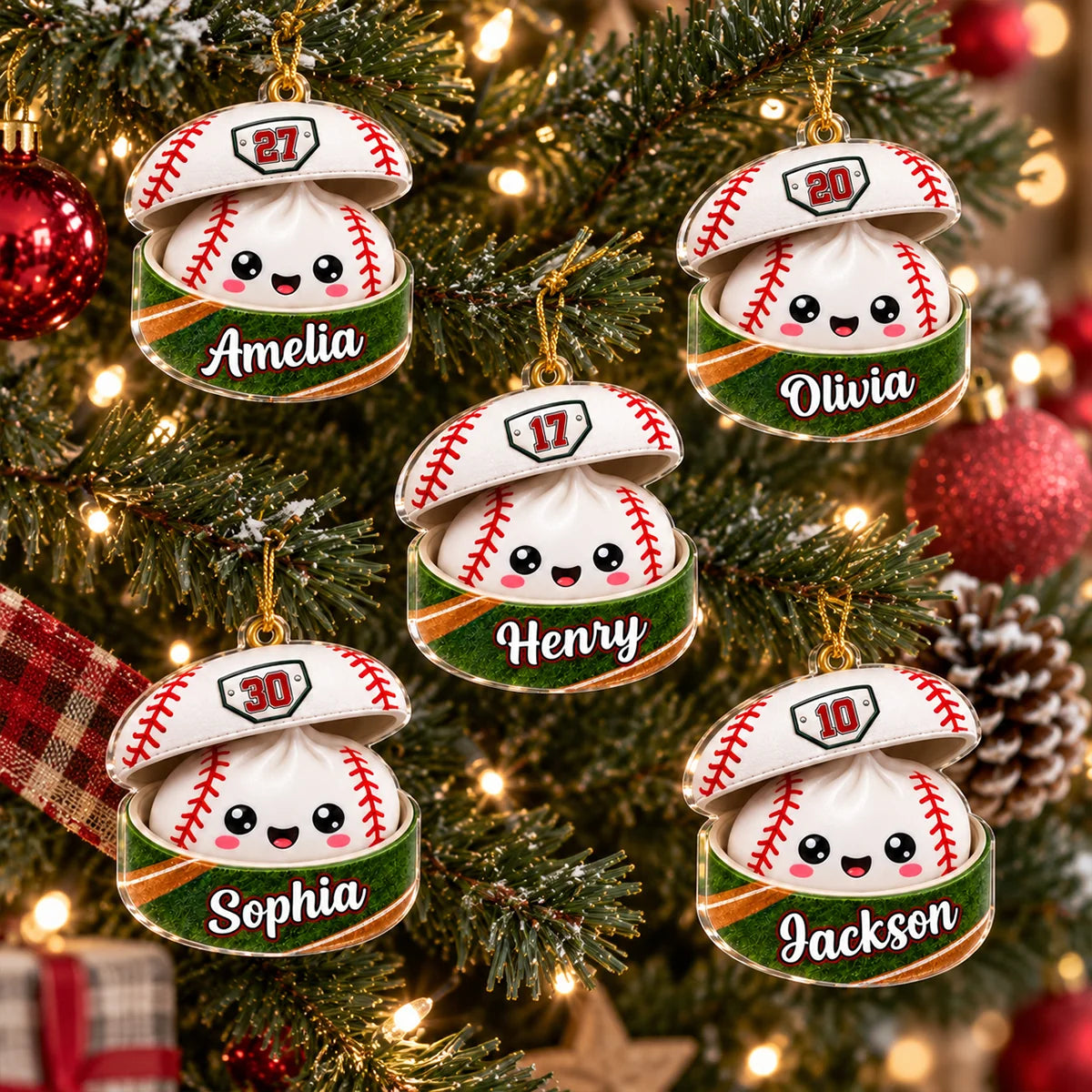 Personalized Baseball Softball Dumpling Christmas Ornament with Name & Player Number, Custom Acrylic Keepsake, Gift for Son Daughter Grandkids