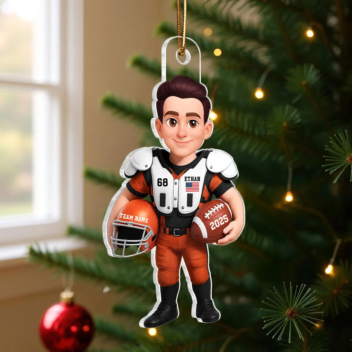 Personalized American Football Player Car Ornament, 3D Effect Acrylic Hanger, Gift for Football Lover Son Grandson Husband Dad