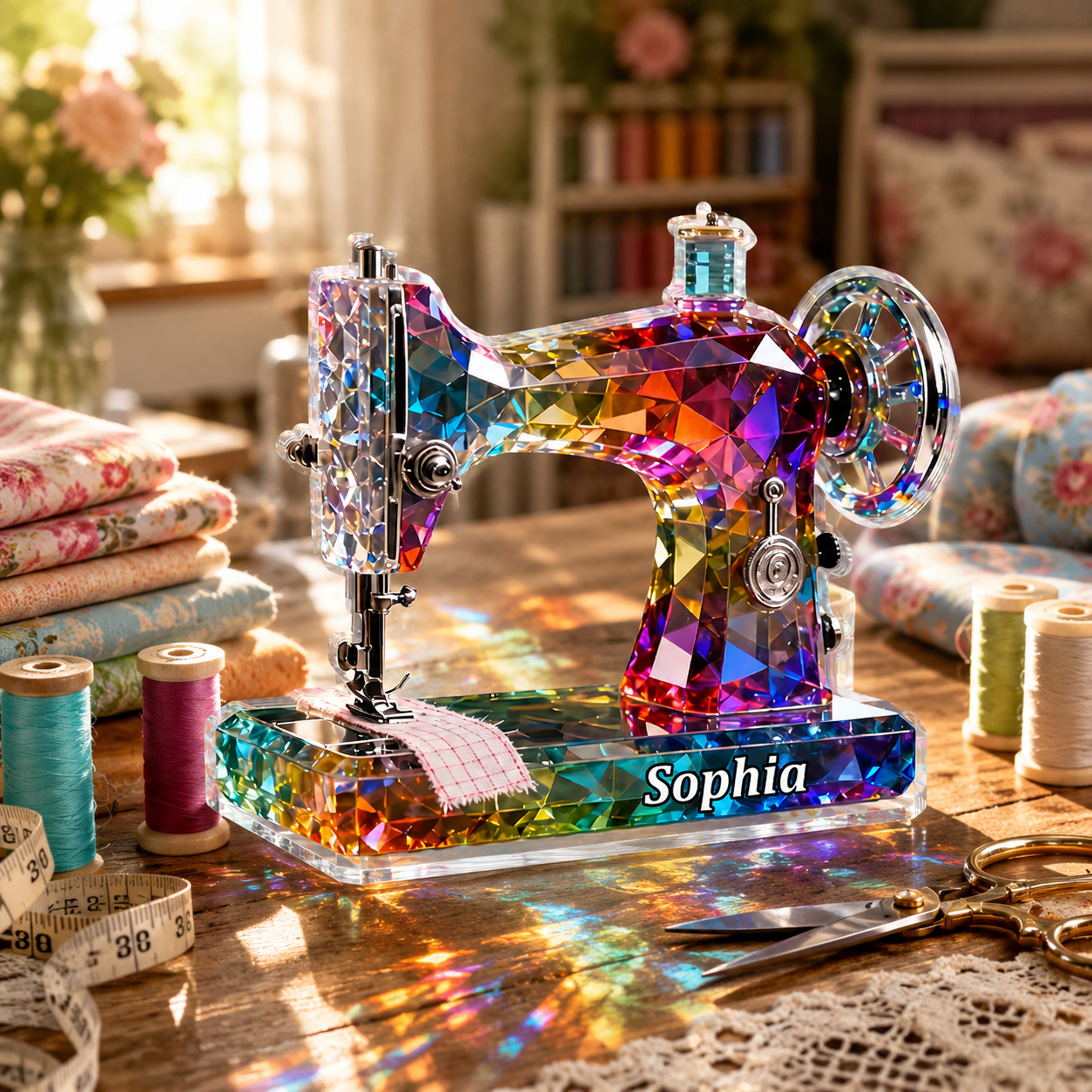 Stained Glass Sewing Machine Personalized 3D Effect Acrylic Plaque with Name, Custom Sewing Room Decor Gift for Quilters & Sewing Lovers