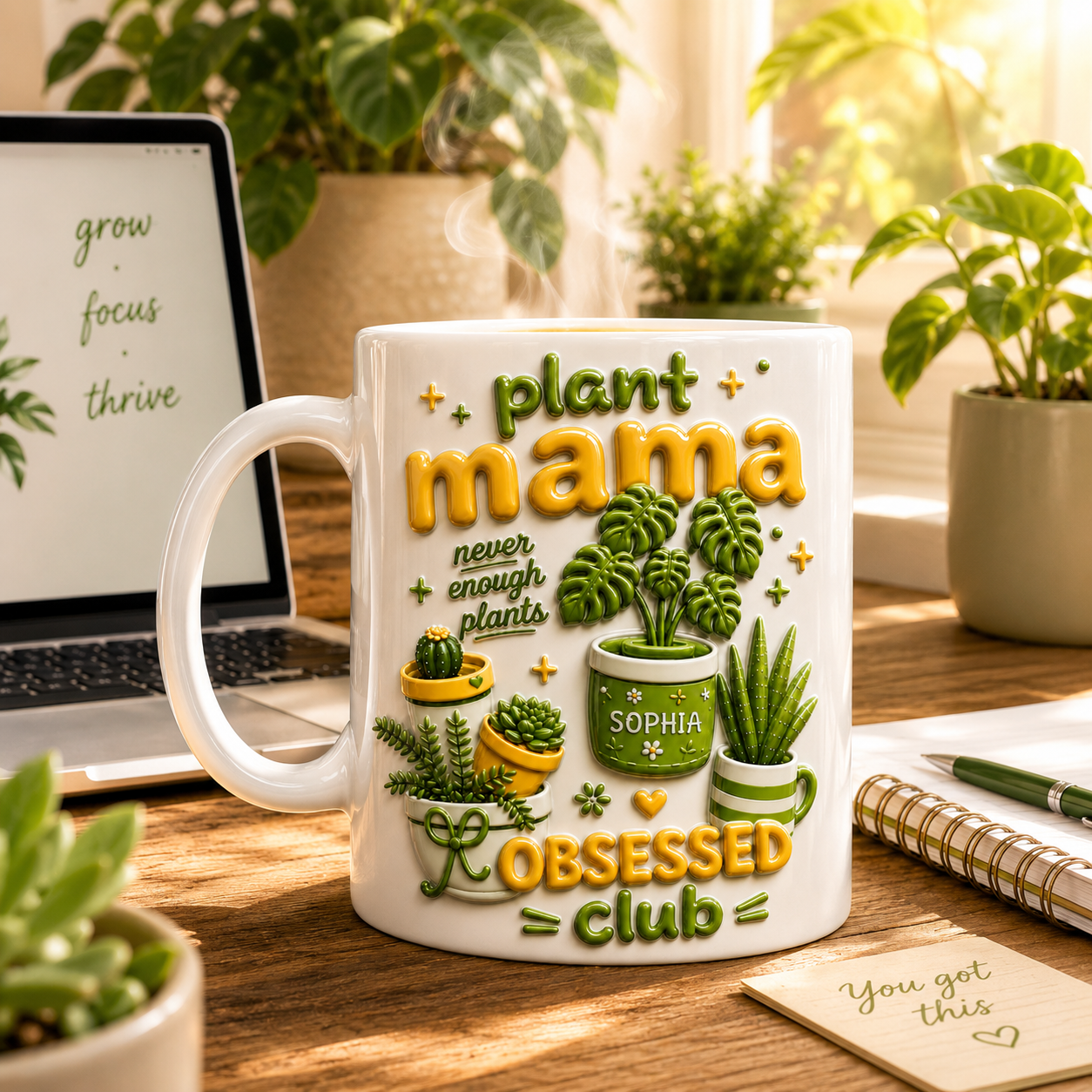 Personalized Plant Mama Ceramic Mug 3D Effect with Custom Name, 3D Gardening Coffee Cup Gift for Plant Lovers, Moms, Gardeners