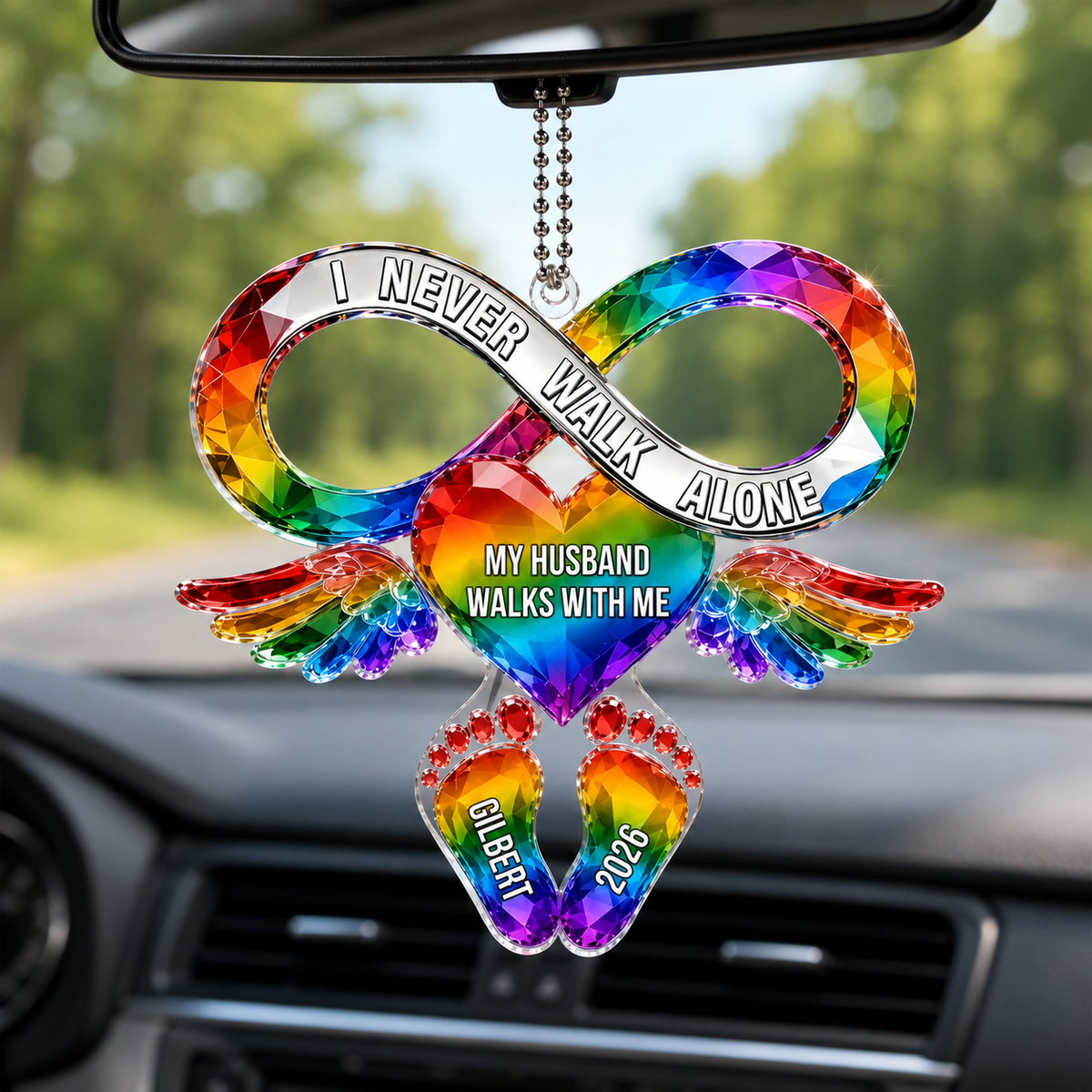 Your Love Still Rides Beside Me Personalized Memorial Car Hanger, Custom Acrylic Sympathy Ornament with Name and Date