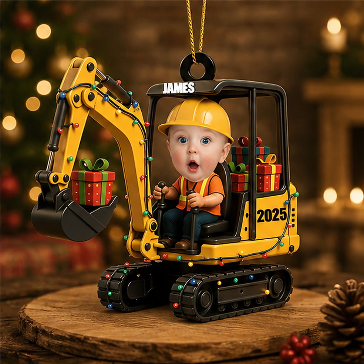 Personalized Kid Excavator 3D Effect Ornament, Custom Photo Construction Vehicle Acrylic Ornament with Name, Excavator Christmas Ornament, Gift for Boys