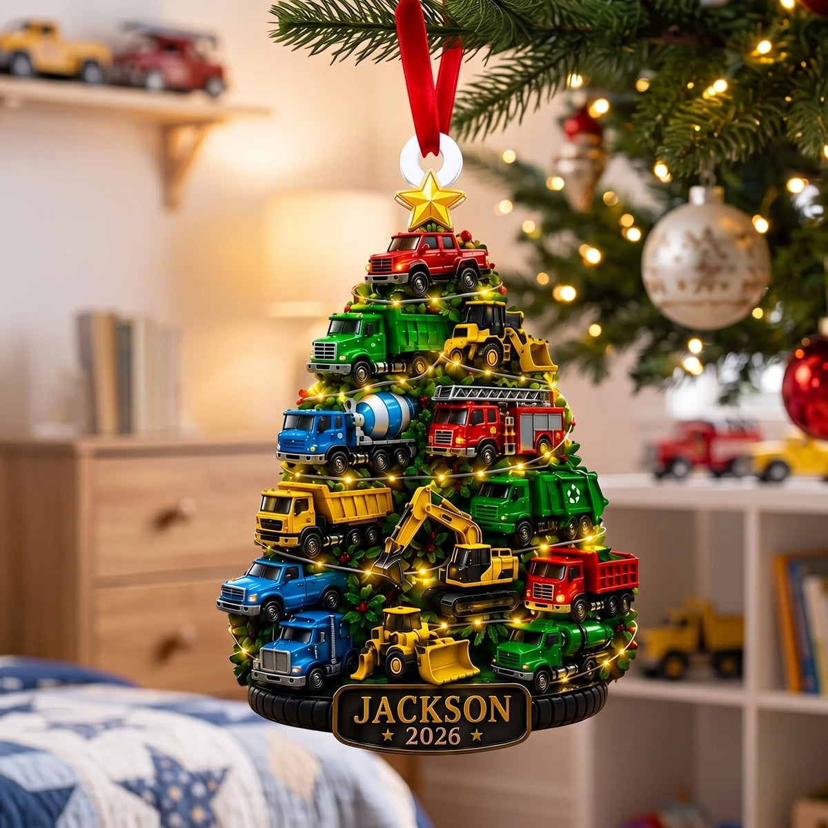 Personalized Truck Kids Christmas Ornament with Name & Year, Custom Fire Truck Digger Dump Truck Acrylic Keepsake, Gift for Boys Grandson Son