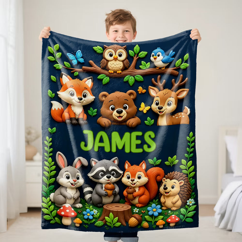 Personalized Woodland Animal Truck Blanket with Name, Cute Cartoon Kids Throw Blanket, Custom Birthday Gift for Boy Girl Nursery Room Decor