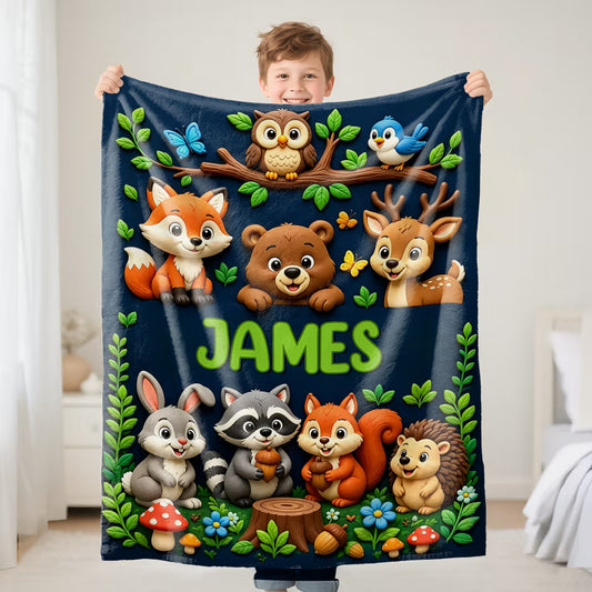 Personalized Woodland Animal Truck Blanket with Name, Cute Cartoon Kids Throw Blanket, Custom Birthday Gift for Boy Girl Nursery Room Decor