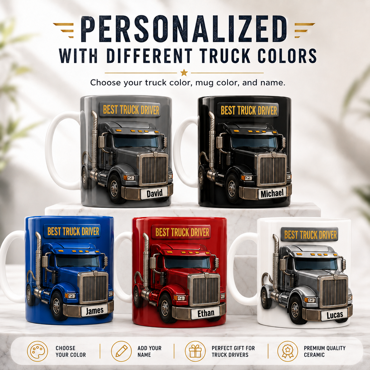 Personalized Best Truck Driver Coffee Mug 3D Effect with Custom Name, Ceramic Gift for Truck Driver, Trucker Coffee Cup, 11oz 15oz