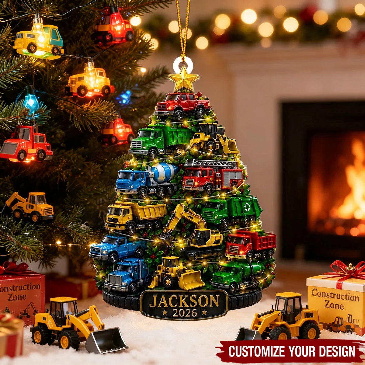 Personalized Truck Kids Christmas Ornament with Name & Year, Custom Fire Truck Digger Dump Truck Acrylic Keepsake, Gift for Boys Grandson Son
