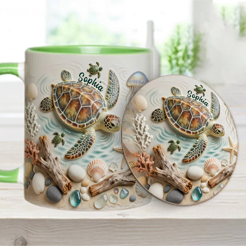 Personalized Turtle Accent Mug and Coaster, Custom Sea Turtle Ceramic Coffee Mug, Gift for Turtle Lover Women Men