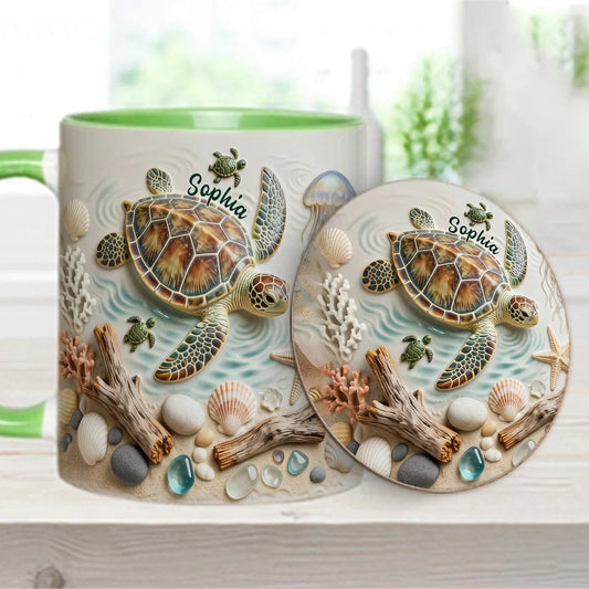 Personalized Turtle Accent Mug and Coaster, Custom Sea Turtle Ceramic Coffee Mug, Gift for Turtle Lover Women Men