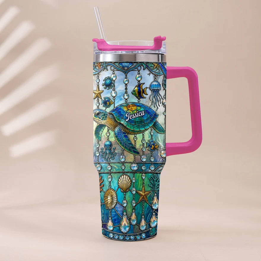 Personalized Ocean Turtle 40oz Tumbler with Handle, Custom Sea Turtle Stainless Steel Travel Cup with Straw, Gift for Turtle Lovers Women Men
