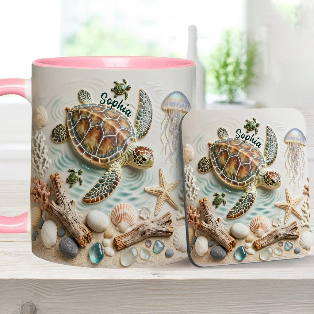 Personalized Turtle Accent Mug and Coaster, Custom Sea Turtle Ceramic Coffee Mug, Gift for Turtle Lover Women Men