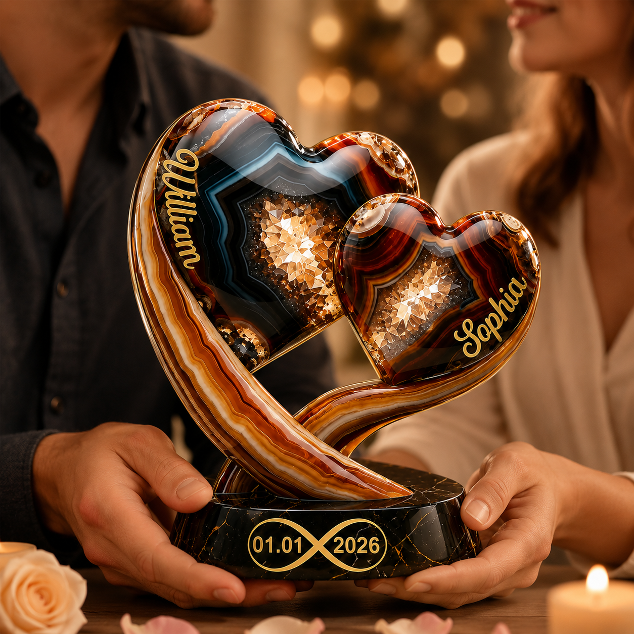 Personalized Two Heart Couple Acrylic Plaque 3D Effect with Names & Date, Custom Anniversary Gift for Husband Wife, Romantic Keepsake Decor