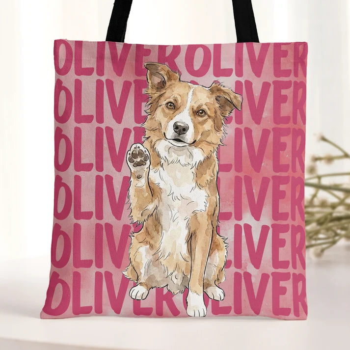 Personalized Pet Portrait Tote Bag with Name, Custom Watercolor Dog Cat Photo Bag, Gift for Dog Mom Cat Mom Pet Lover