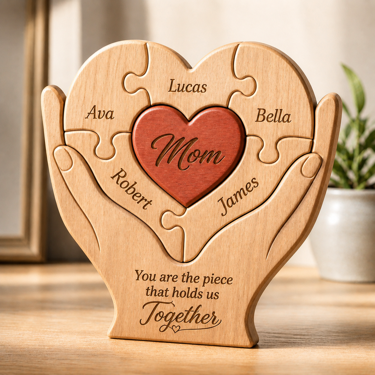 Muttertagsgeschenke, Mama, Mutter, du bist das Stück, das uns zusammenhält – Personalisiertes Holzpuzzle für die Familie