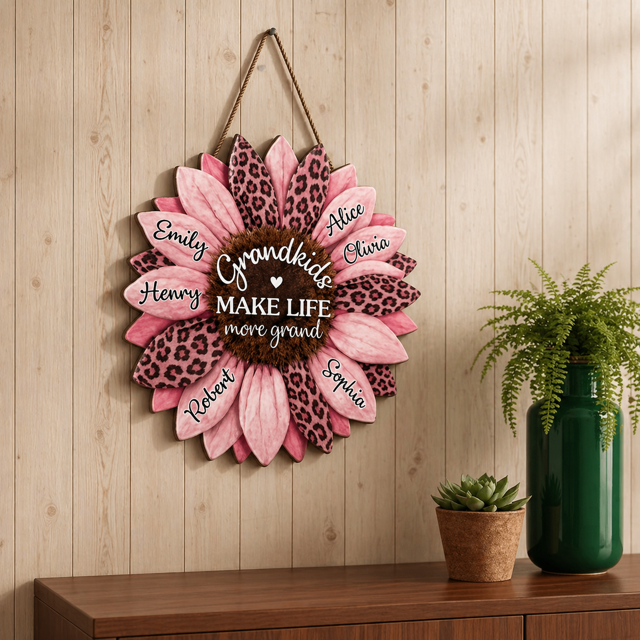 Personalisiertes Sonnenblumen-Familienname-Holztürschild für Mama oder Oma Geschenk – Unser Familienherz Andenken