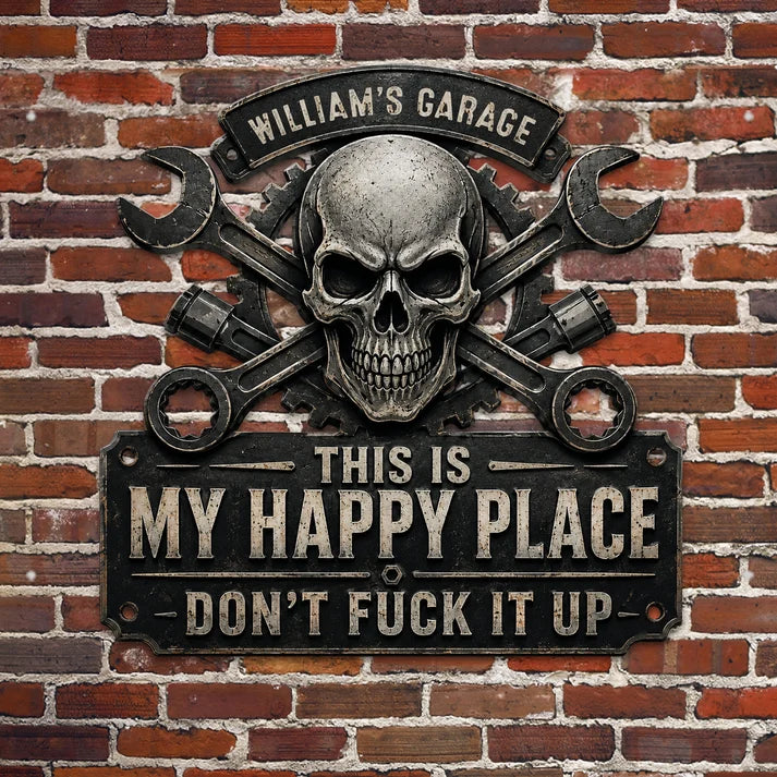 Personalized Garage Metal Sign, This Is My Happy Place Custom Man Cave Workshop Sign, Gift for Dad Husband Grandpa Mechanic Handyman