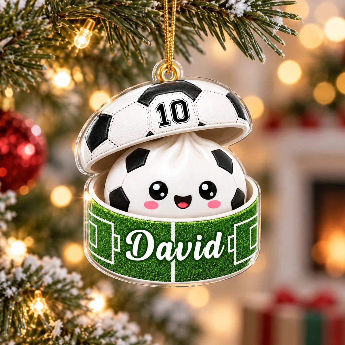 Personalized Soccer Dumpling Christmas Ornament with Name & Player Number, Custom Squishy Style Acrylic Keepsake, Gift for Soccer Player Kids