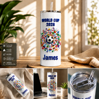 Personalized Football Fan Tumbler 3D Effect – Custom Name Soccer Gift Inspired by World Cup 2026