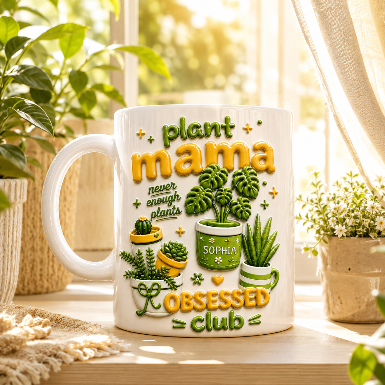 Personalized Plant Mama Ceramic Mug 3D Effect with Custom Name, 3D Gardening Coffee Cup Gift for Plant Lovers, Moms, Gardeners